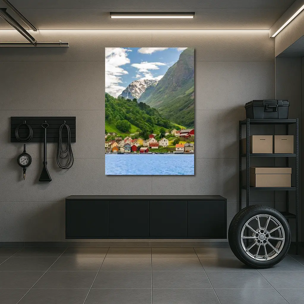Norwegian Fjord Village Green Mountain Landscape – Wall Art