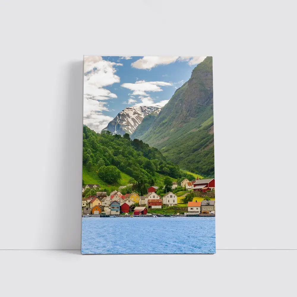 Norwegian Fjord Village Green Mountain Landscape – Wall Art