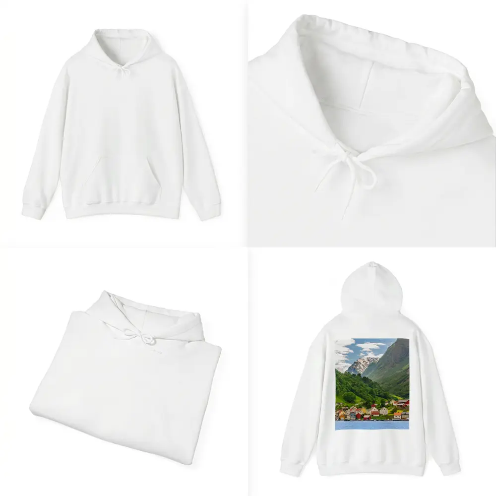 Norwegian Fjord Village Green Mountain Landscape – Hoodies