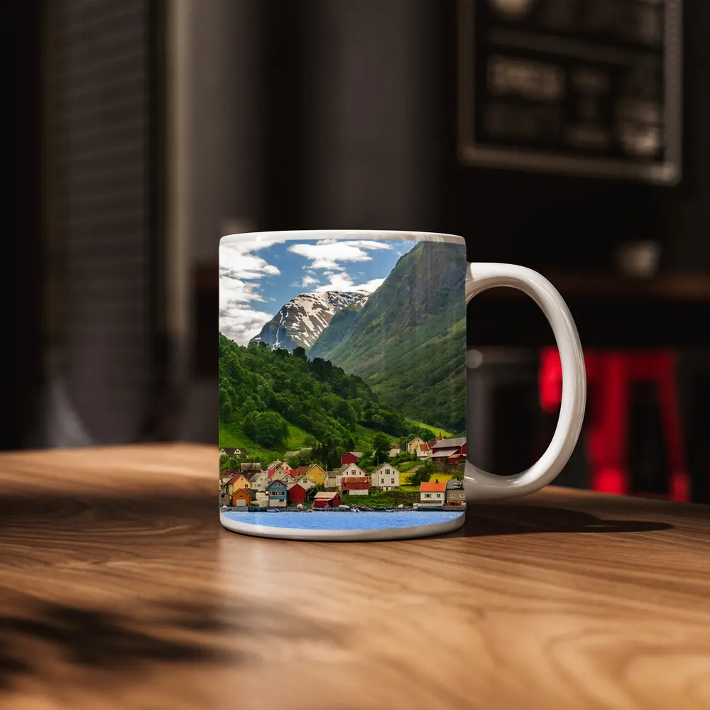 Norwegian Fjord Village Green Mountain Landscape – Mugs
