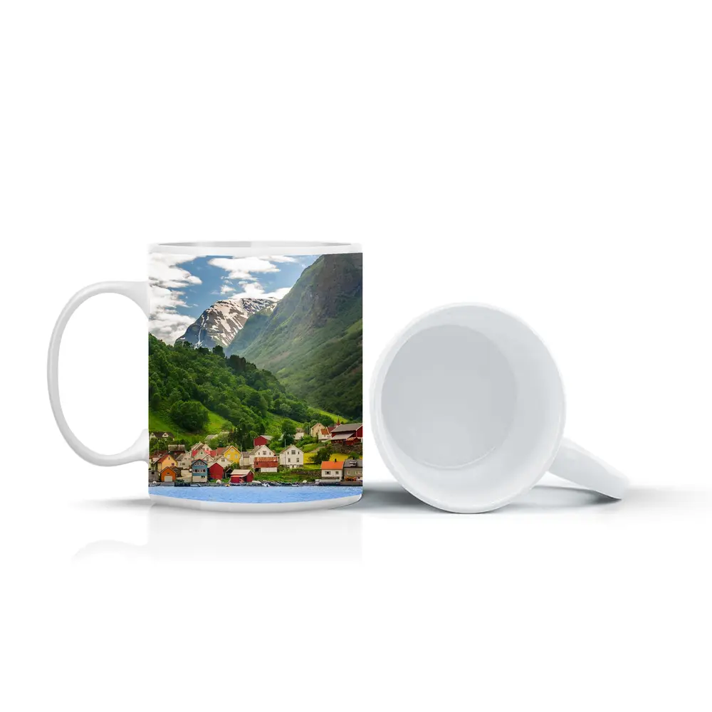 Norwegian Fjord Village Green Mountain Landscape – Mugs