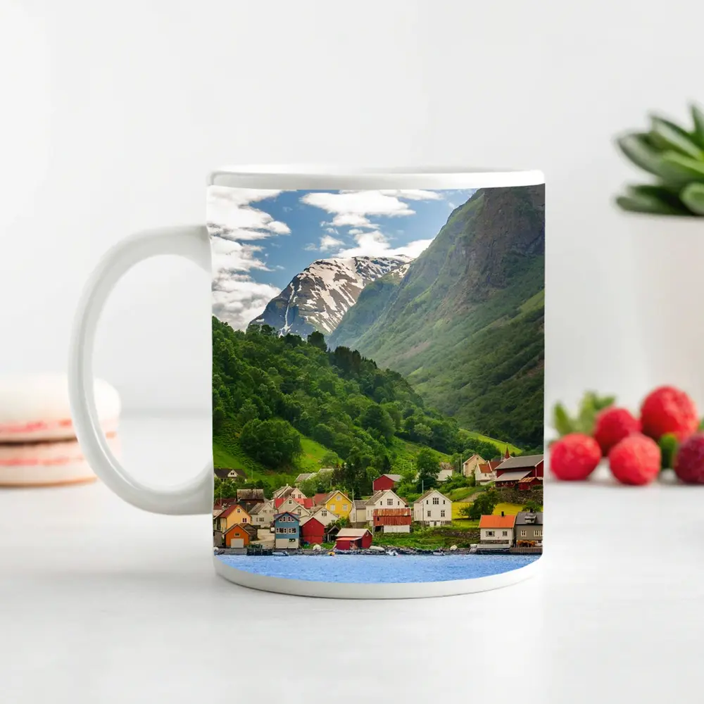 Norwegian Fjord Village Green Mountain Landscape – Mugs