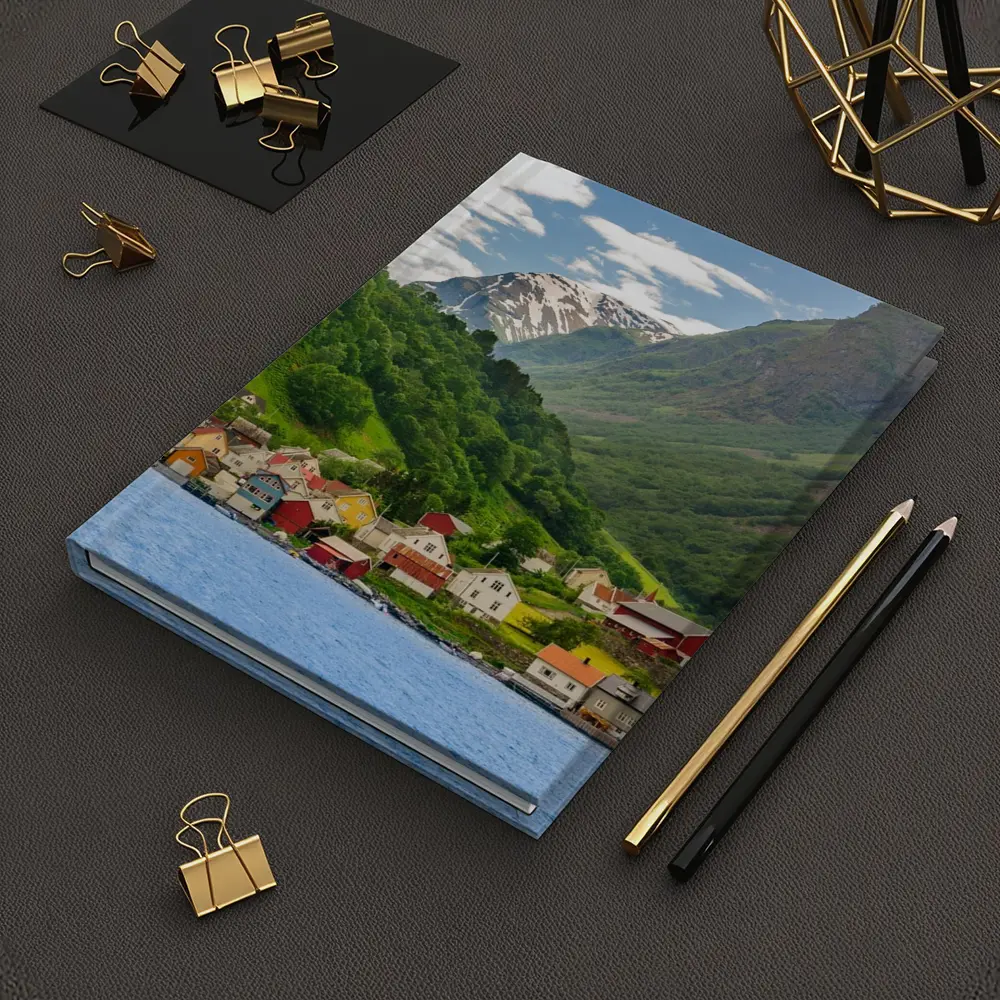 Norwegian Fjord Village Green Mountain Landscape – Notebooks
