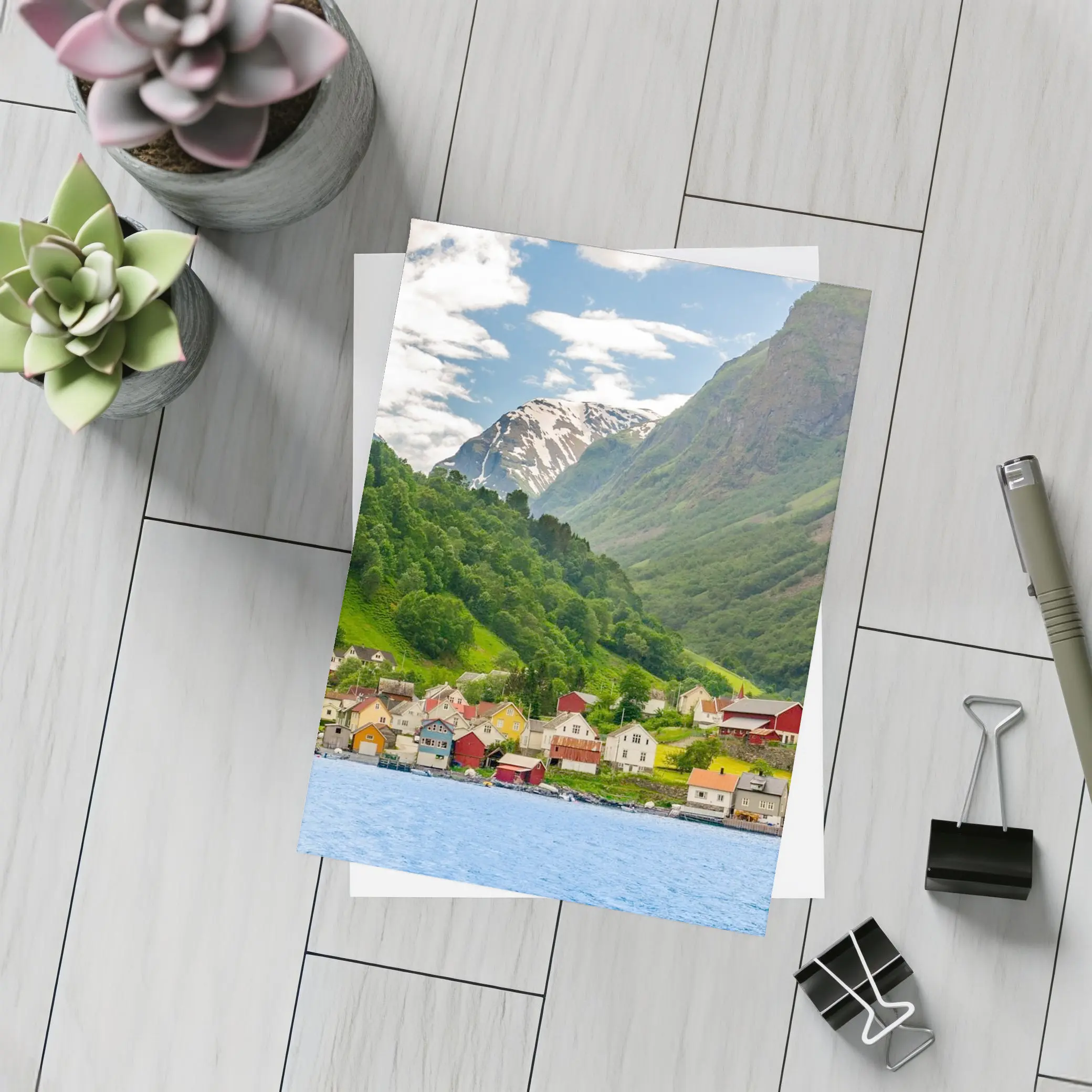 Norwegian Fjord Village Green Mountain Landscape – Postcards