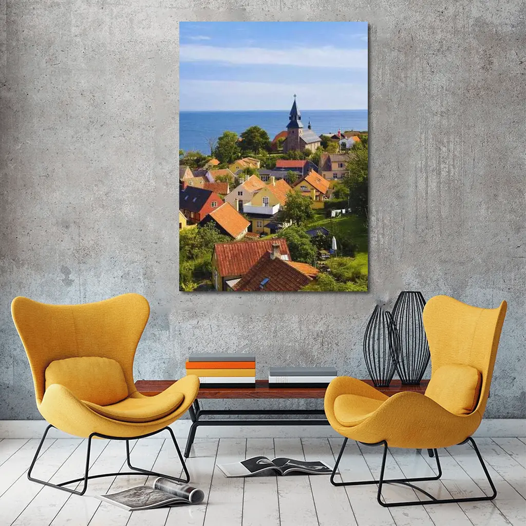 Danish Coastal Village Church Rooftops Ocean View – Wall Art