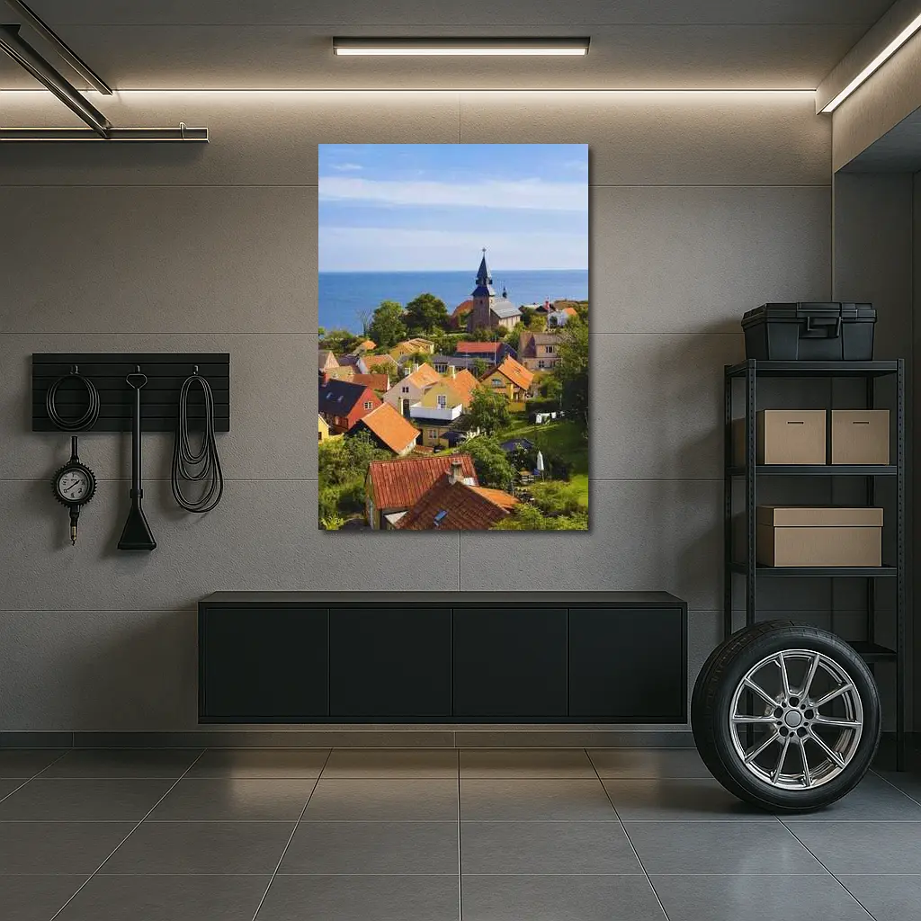 Danish Coastal Village Church Rooftops Ocean View – Wall Art