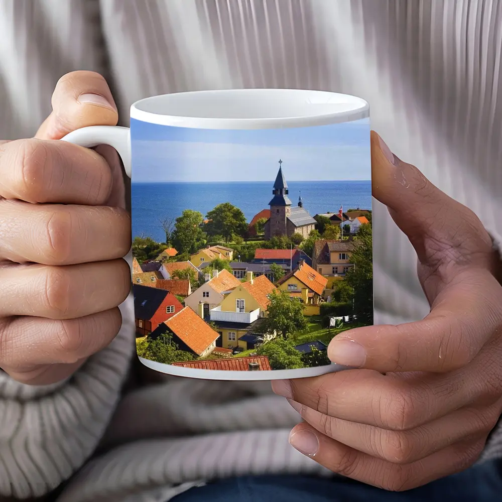 Danish Coastal Village Church Rooftops Ocean View – Mugs