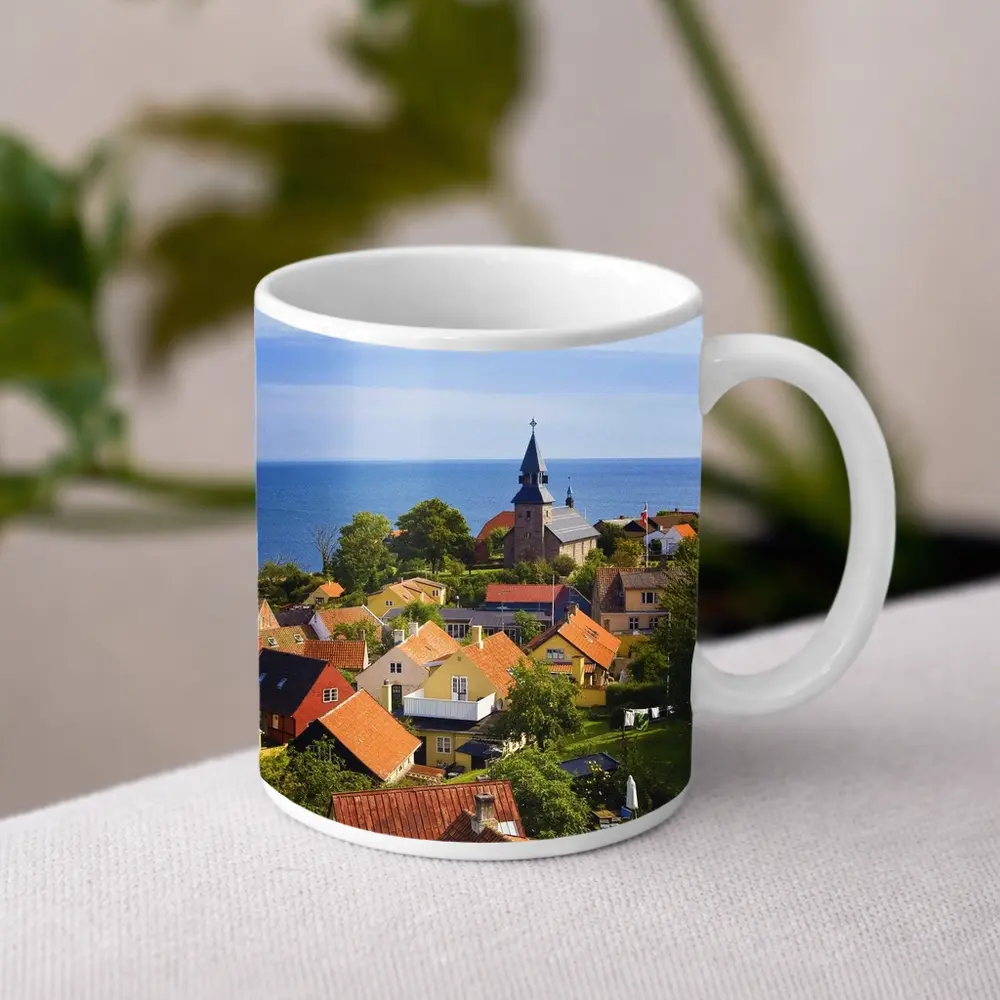Danish Coastal Village Church Rooftops Ocean View – Mugs