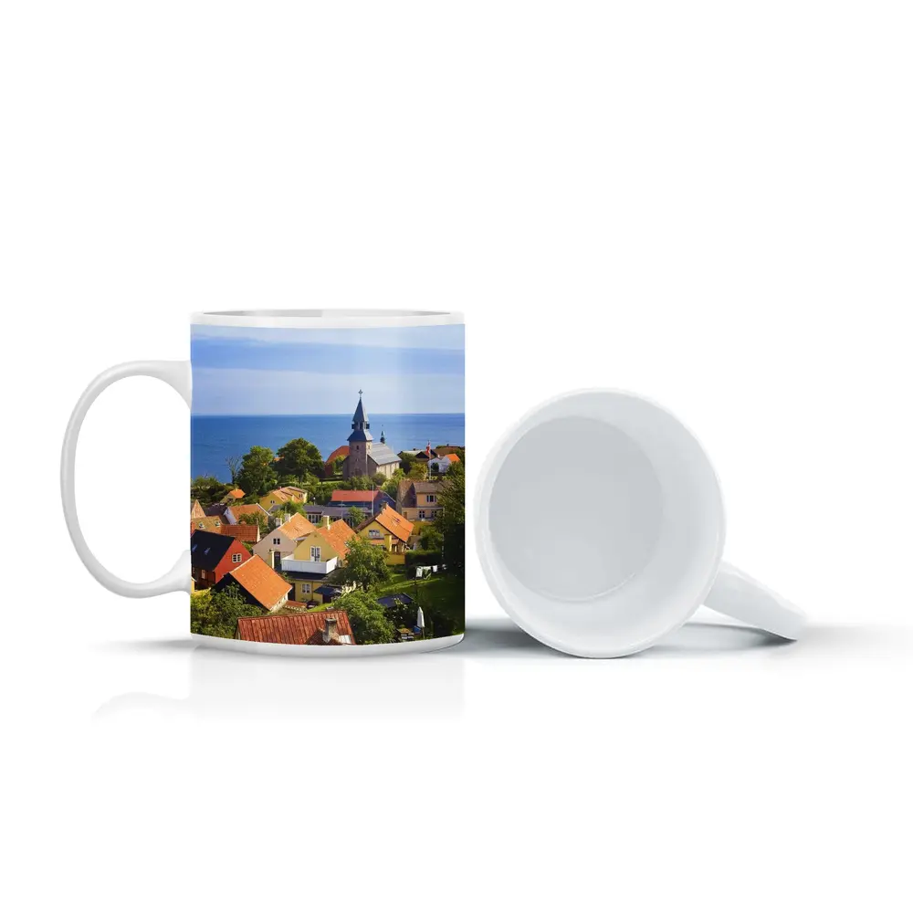Danish Coastal Village Church Rooftops Ocean View – Mugs