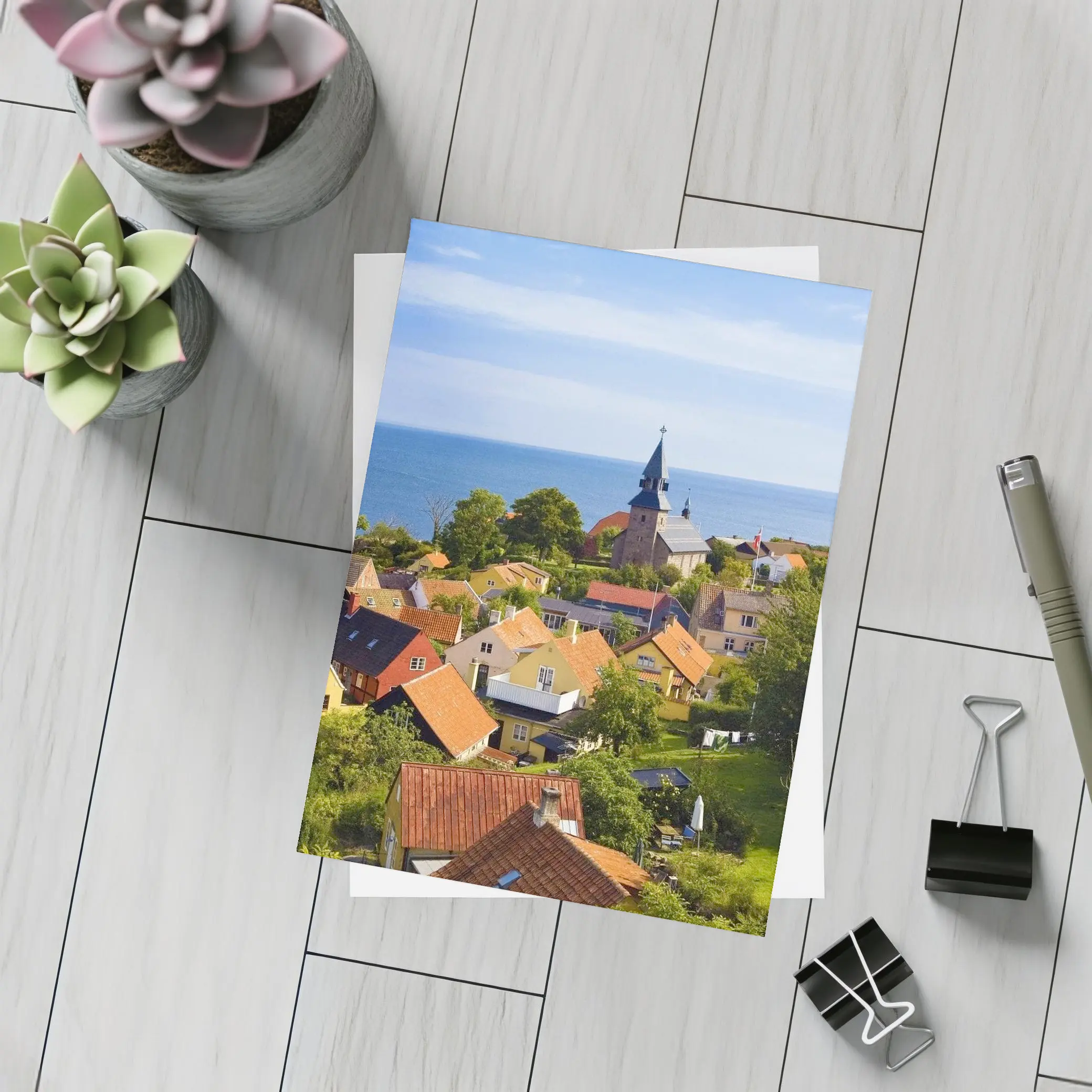 Danish Coastal Village Church Rooftops Ocean View – Postcards