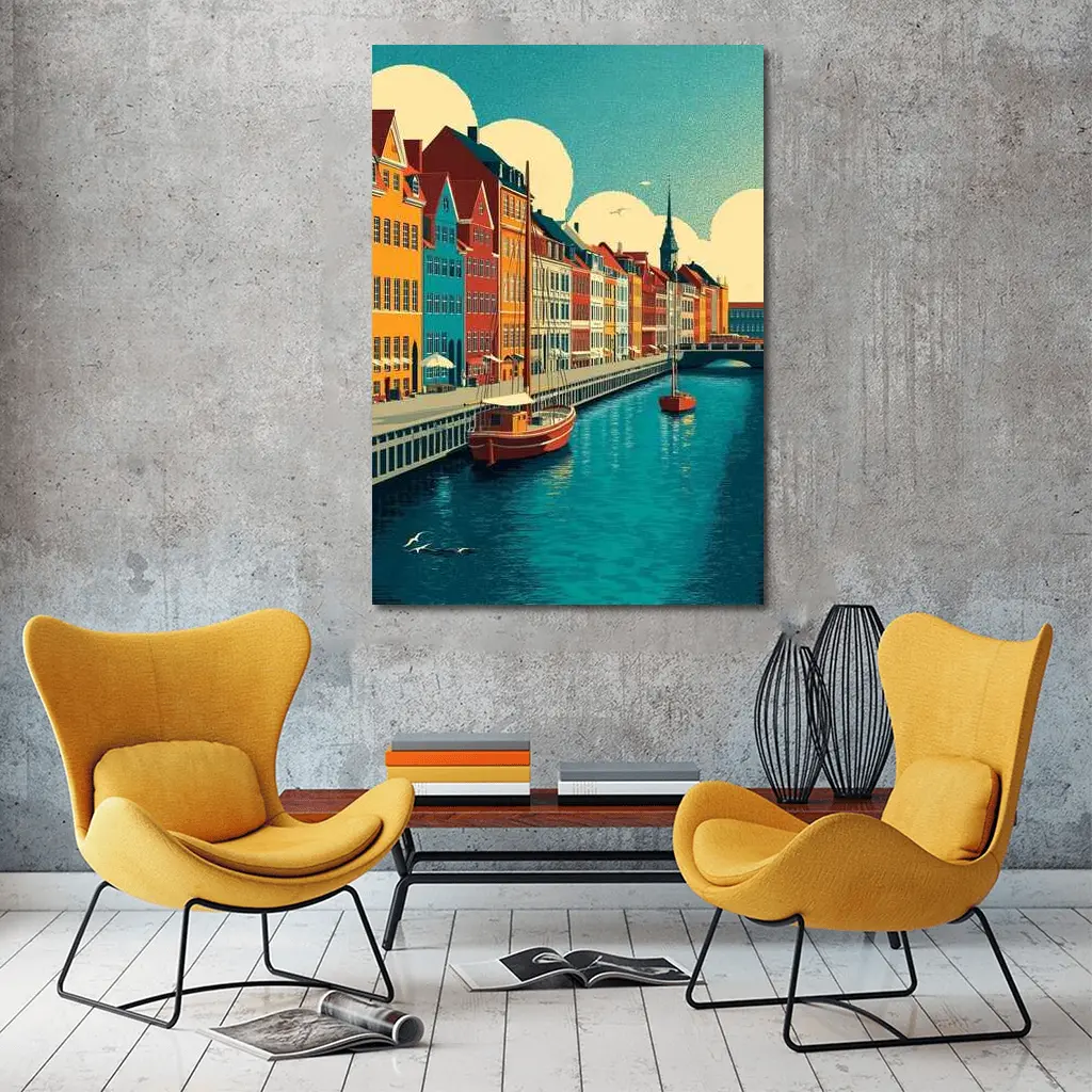 Copenhagen Nyhavn Canal Colorful Buildings Retro Art – Wall Art