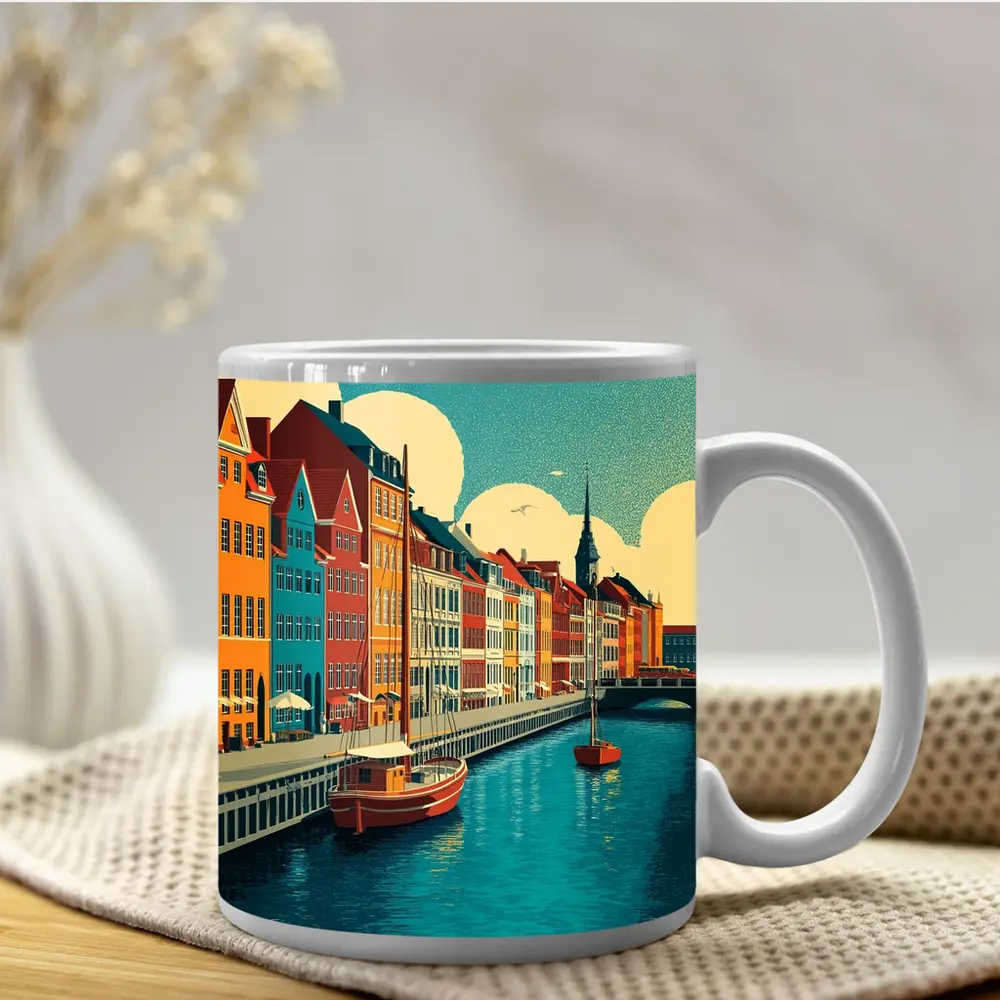 Copenhagen Nyhavn Canal Colorful Buildings Retro Art – Mugs