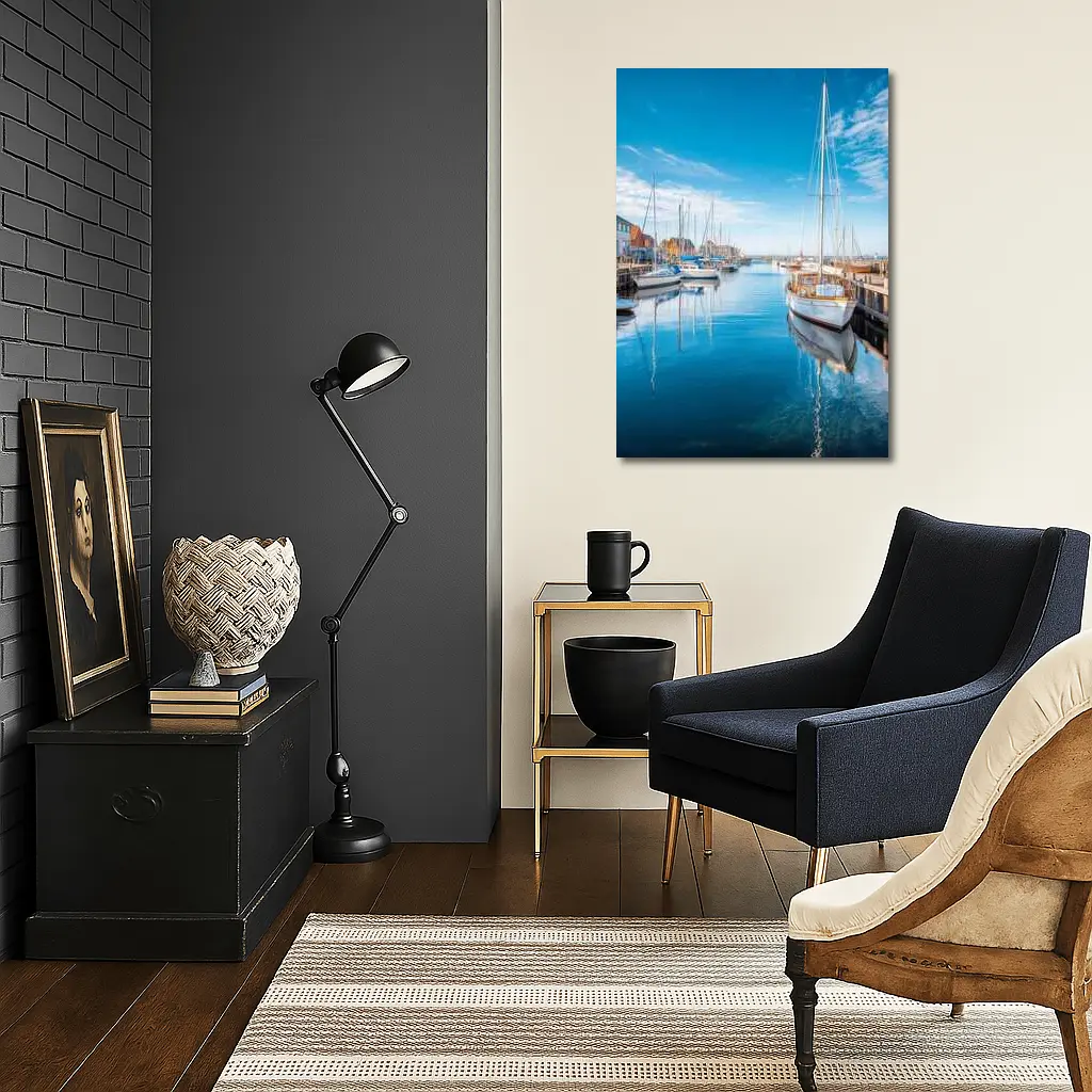 Sailboats Moored in Calm Blue Harbor – Wall Art