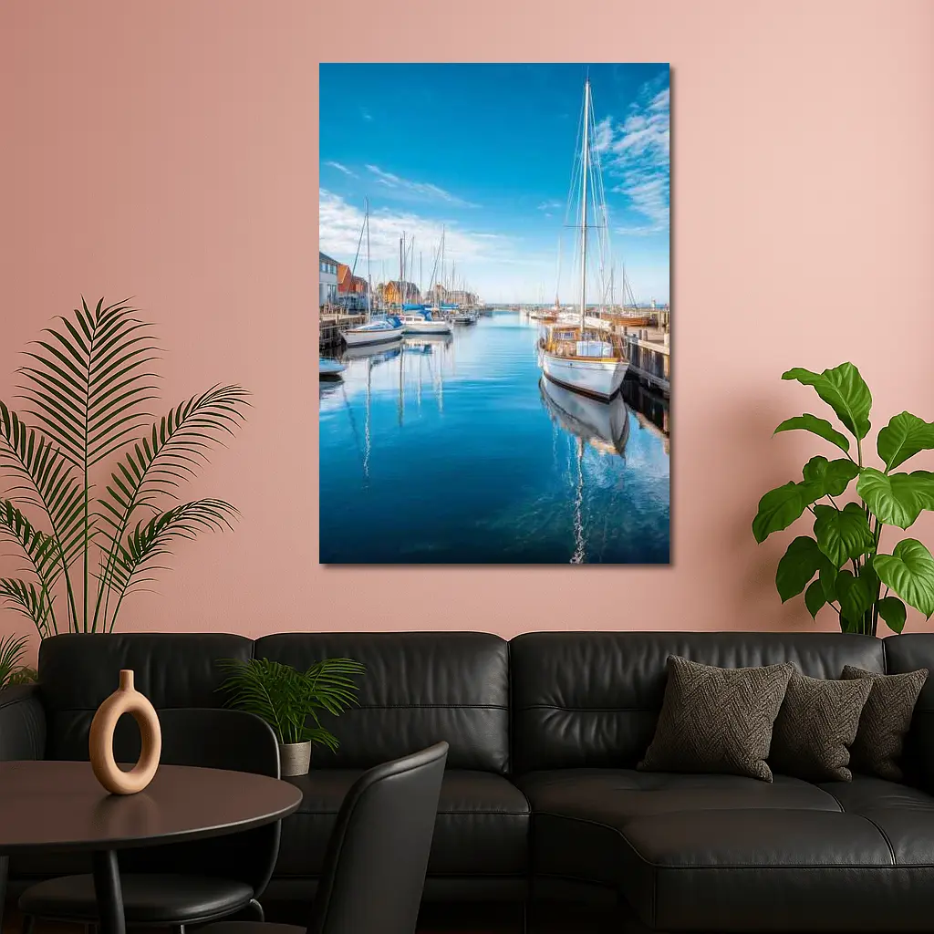 Sailboats Moored in Calm Blue Harbor – Wall Art