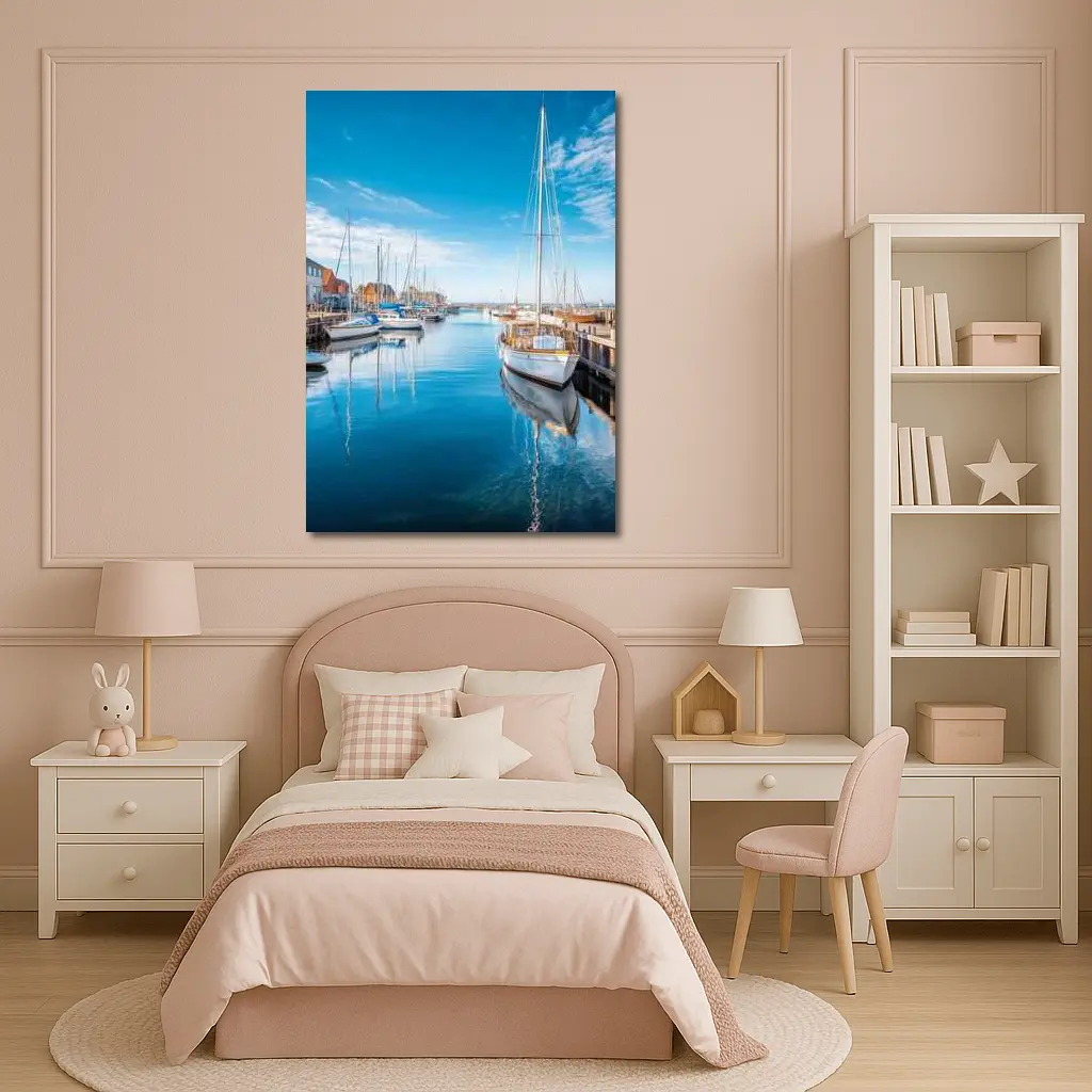 Sailboats Moored in Calm Blue Harbor – Wall Art