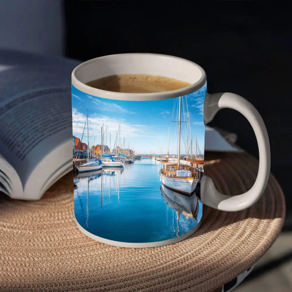 Sailboats Moored in Calm Blue Harbor – Mugs
