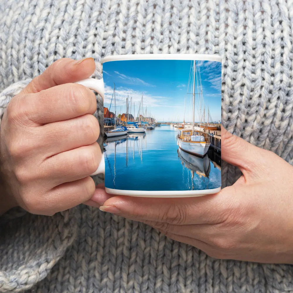 Sailboats Moored in Calm Blue Harbor – Mugs