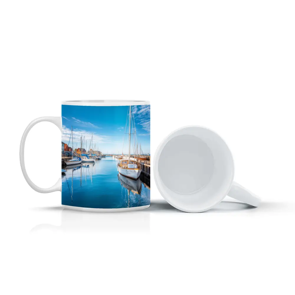 Sailboats Moored in Calm Blue Harbor – Mugs