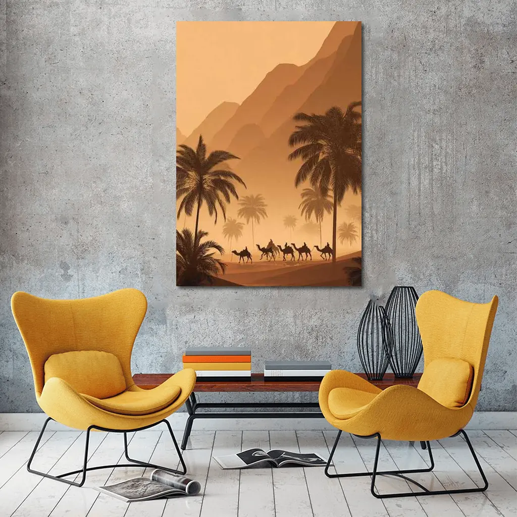 Camel Caravan Desert Palm Trees Mountains – Wall Art