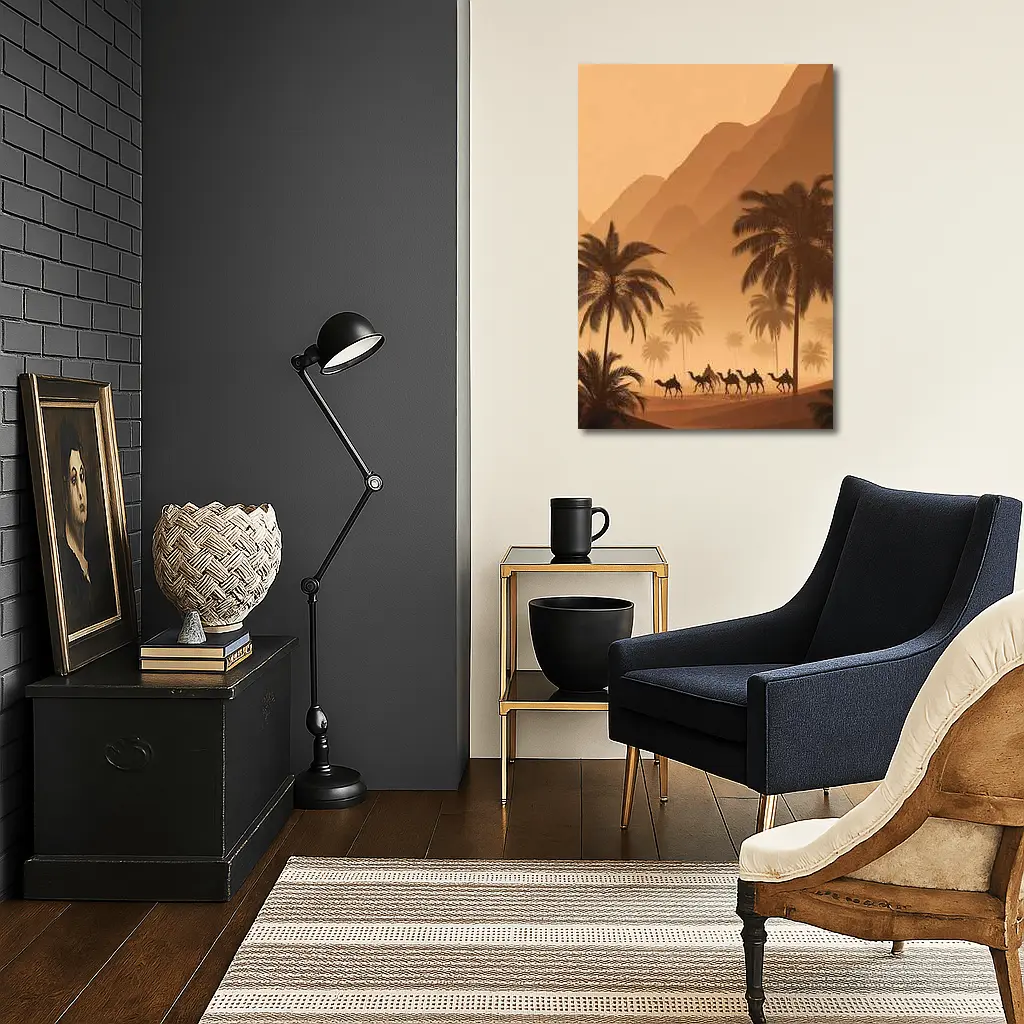 Camel Caravan Desert Palm Trees Mountains – Wall Art
