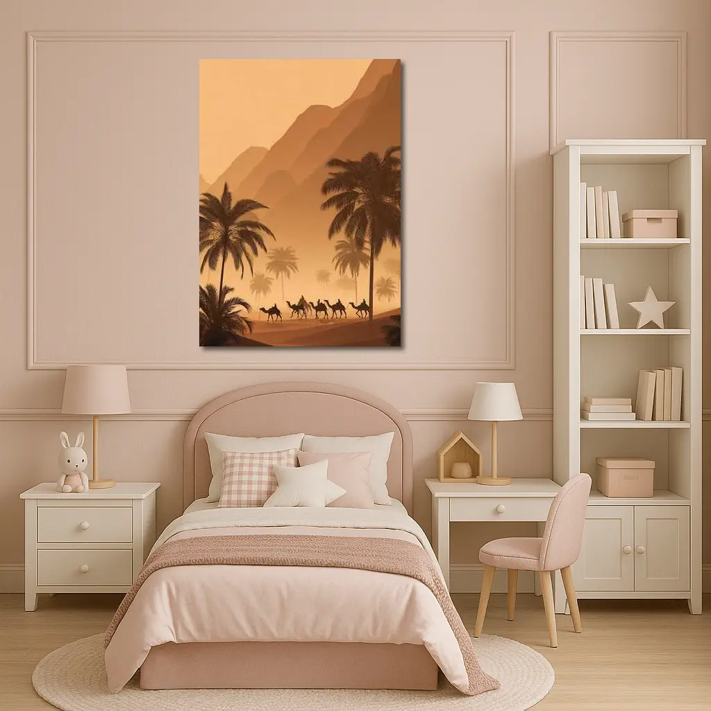 Camel Caravan Desert Palm Trees Mountains – Wall Art