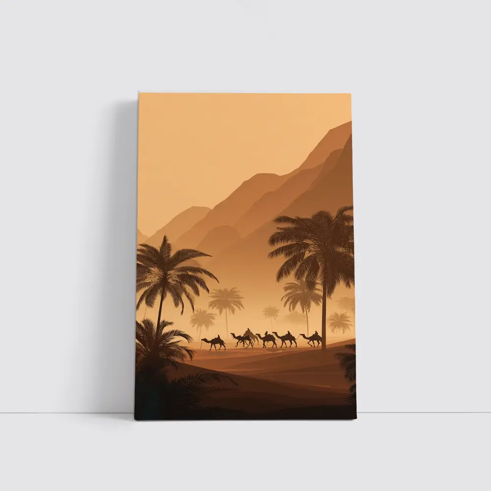 Camel Caravan Desert Palm Trees Mountains – Wall Art