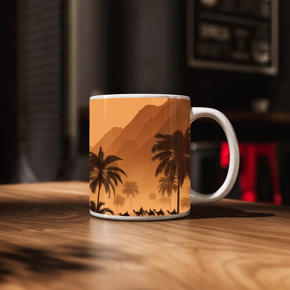 Camel Caravan Desert Palm Trees Mountains – Mugs