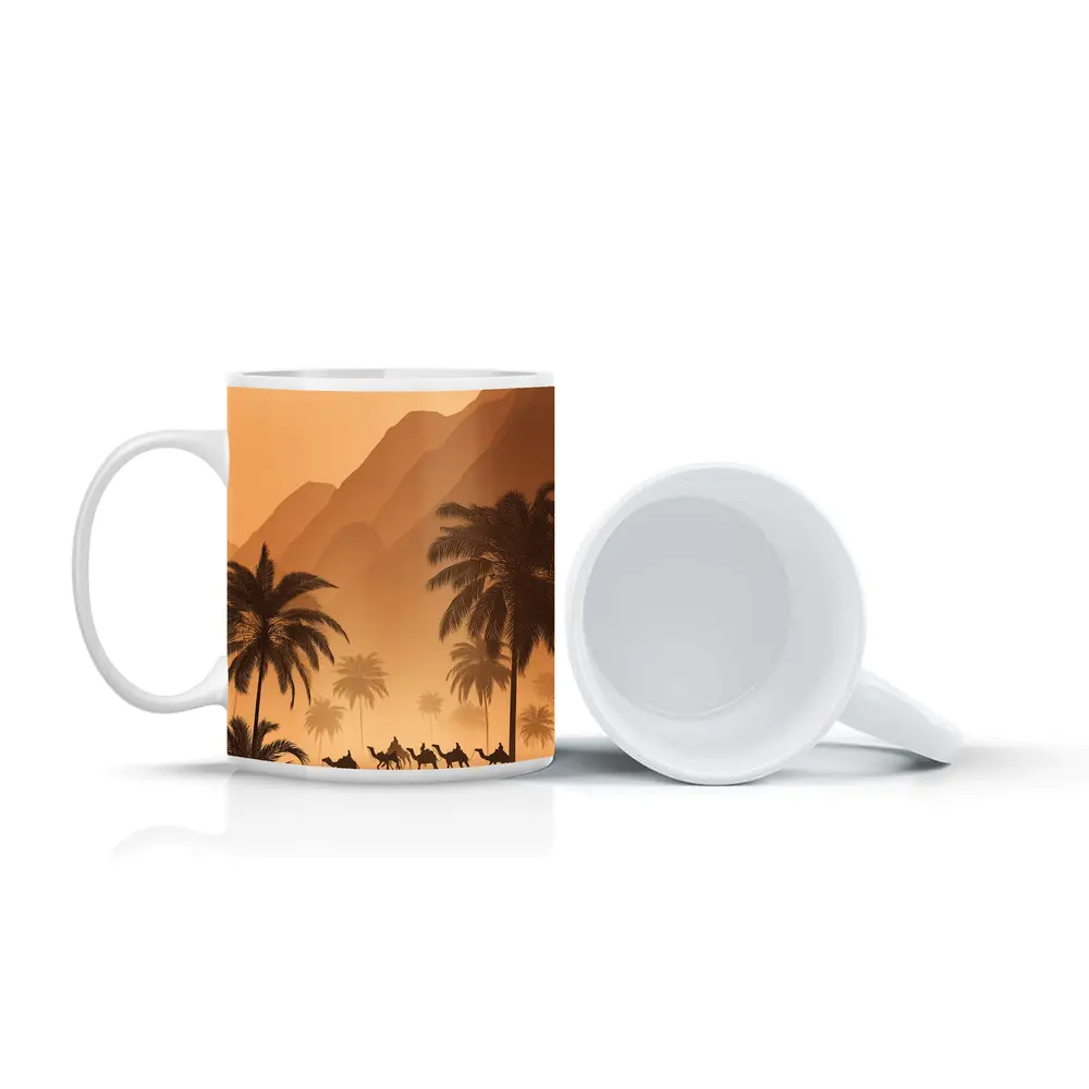 Camel Caravan Desert Palm Trees Mountains – Mugs