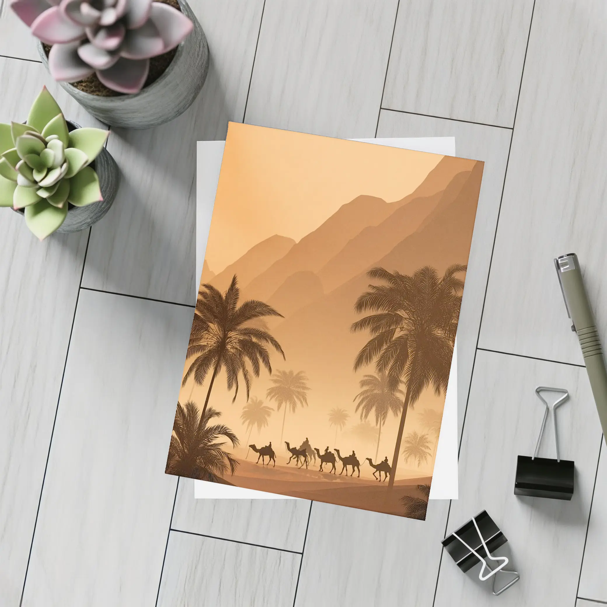 Camel Caravan Desert Palm Trees Mountains – Postcards