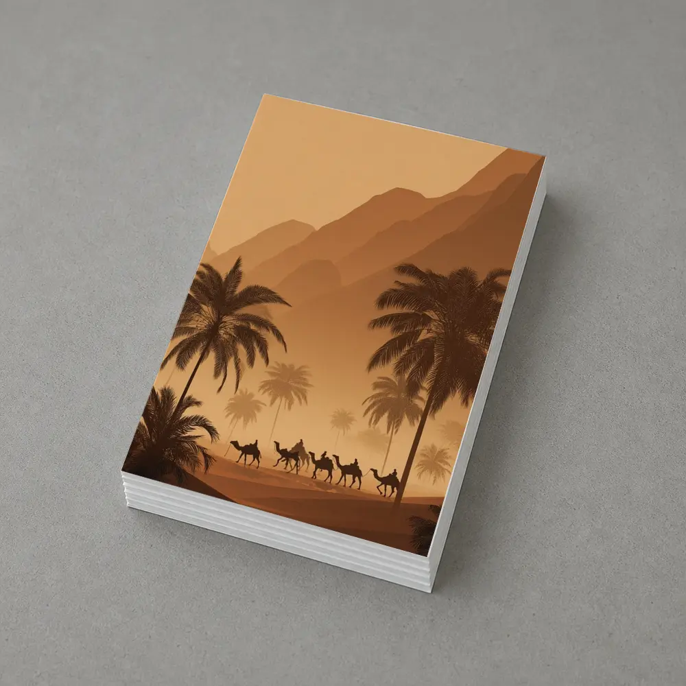 Camel Caravan Desert Palm Trees Mountains – Postcards