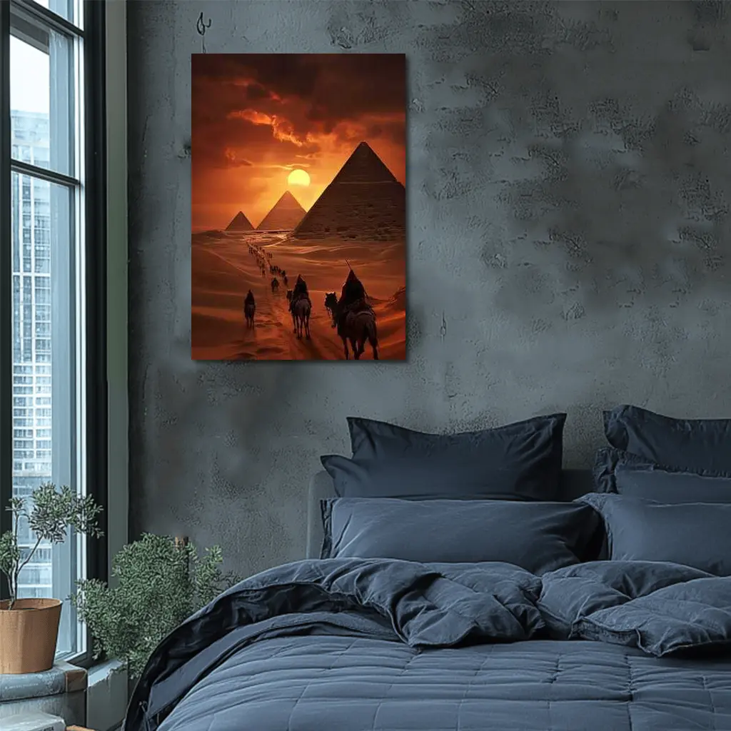 Camel Caravan Giza Pyramids Desert Sunset – Wall Art