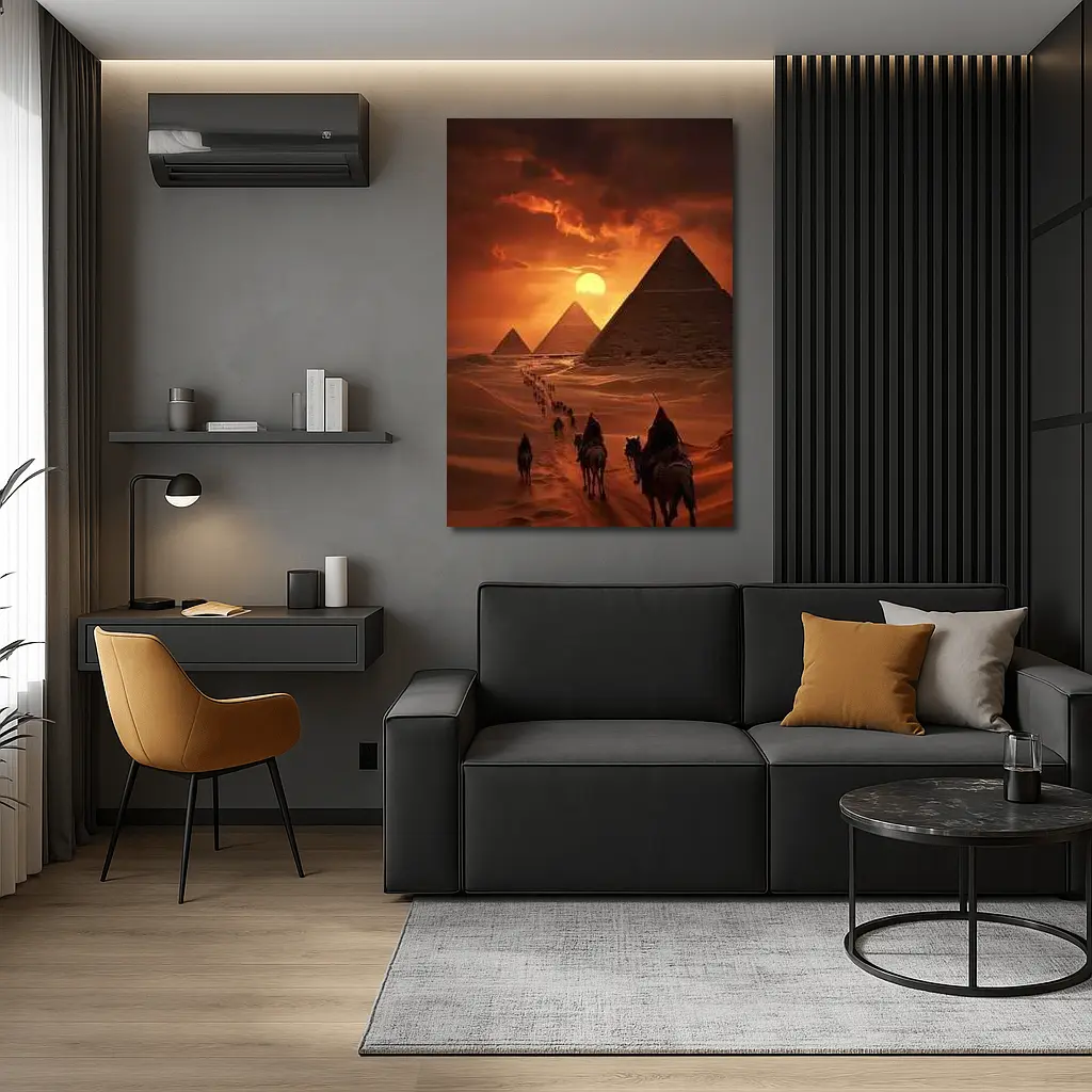 Camel Caravan Giza Pyramids Desert Sunset – Wall Art