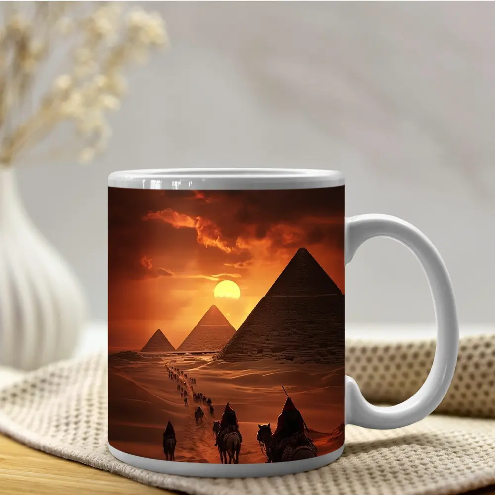 Camel Caravan Giza Pyramids Desert Sunset – Mugs