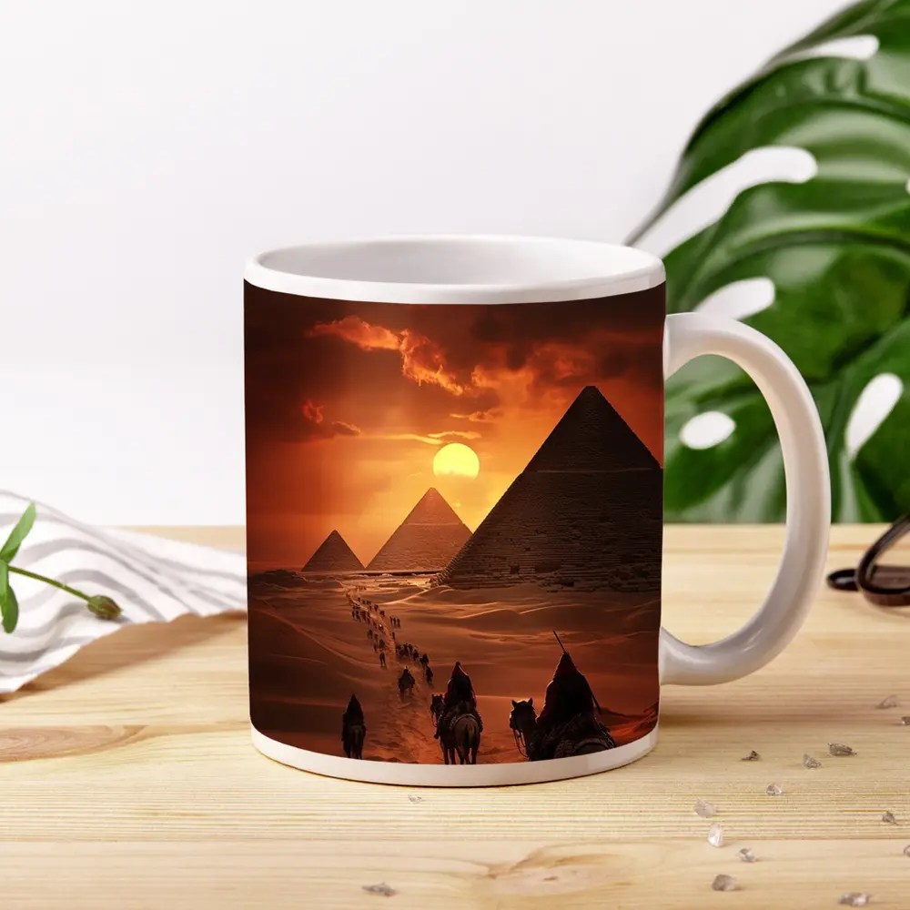 Camel Caravan Giza Pyramids Desert Sunset – Mugs