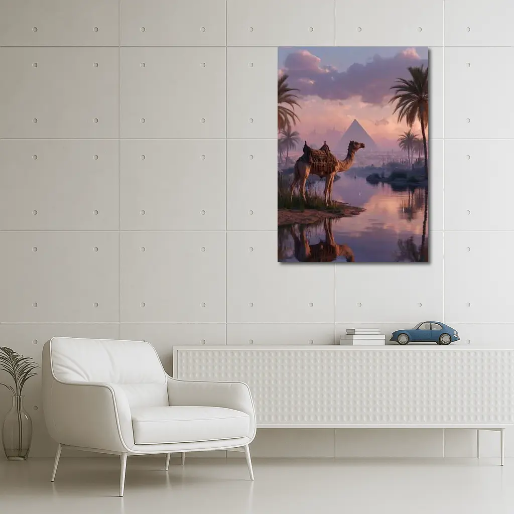 Camel by Nile River Egyptian Pyramids Sunset – Wall Art
