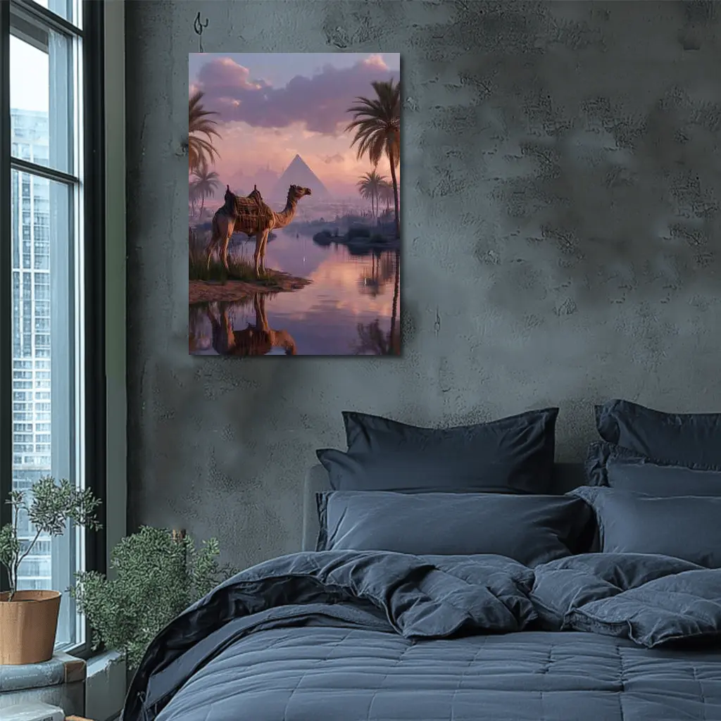 Camel by Nile River Egyptian Pyramids Sunset – Wall Art