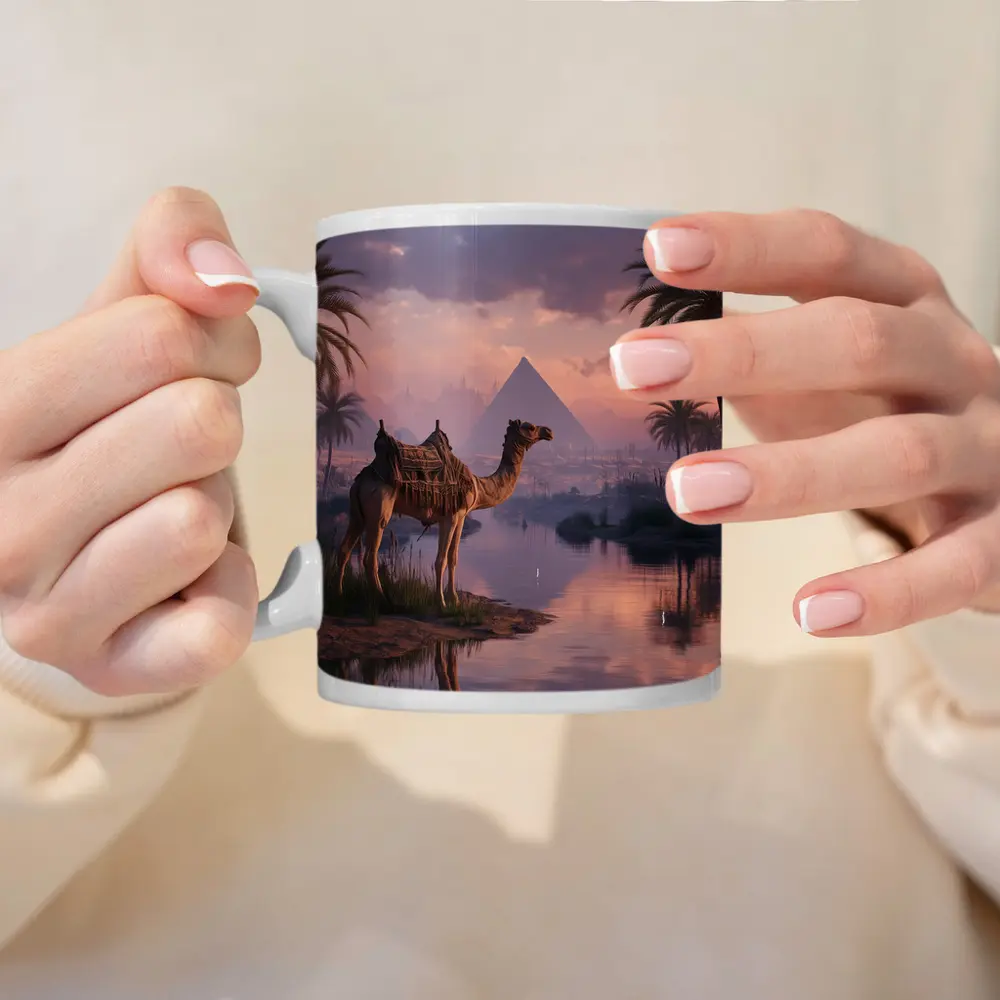 Camel by Nile River Egyptian Pyramids Sunset – Mugs