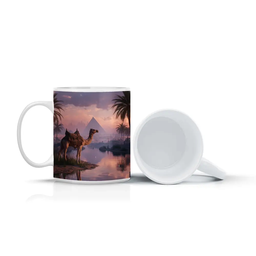 Camel by Nile River Egyptian Pyramids Sunset – Mugs