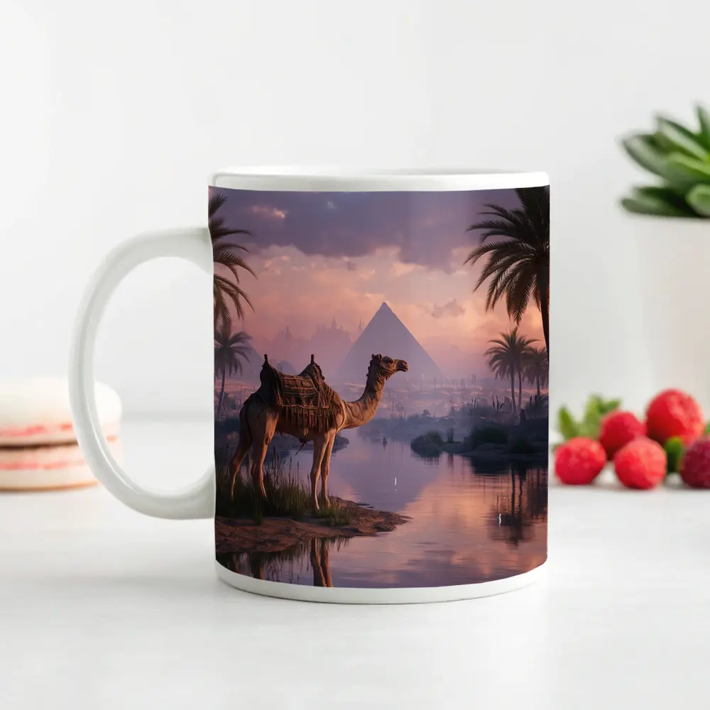 Camel by Nile River Egyptian Pyramids Sunset – Mugs