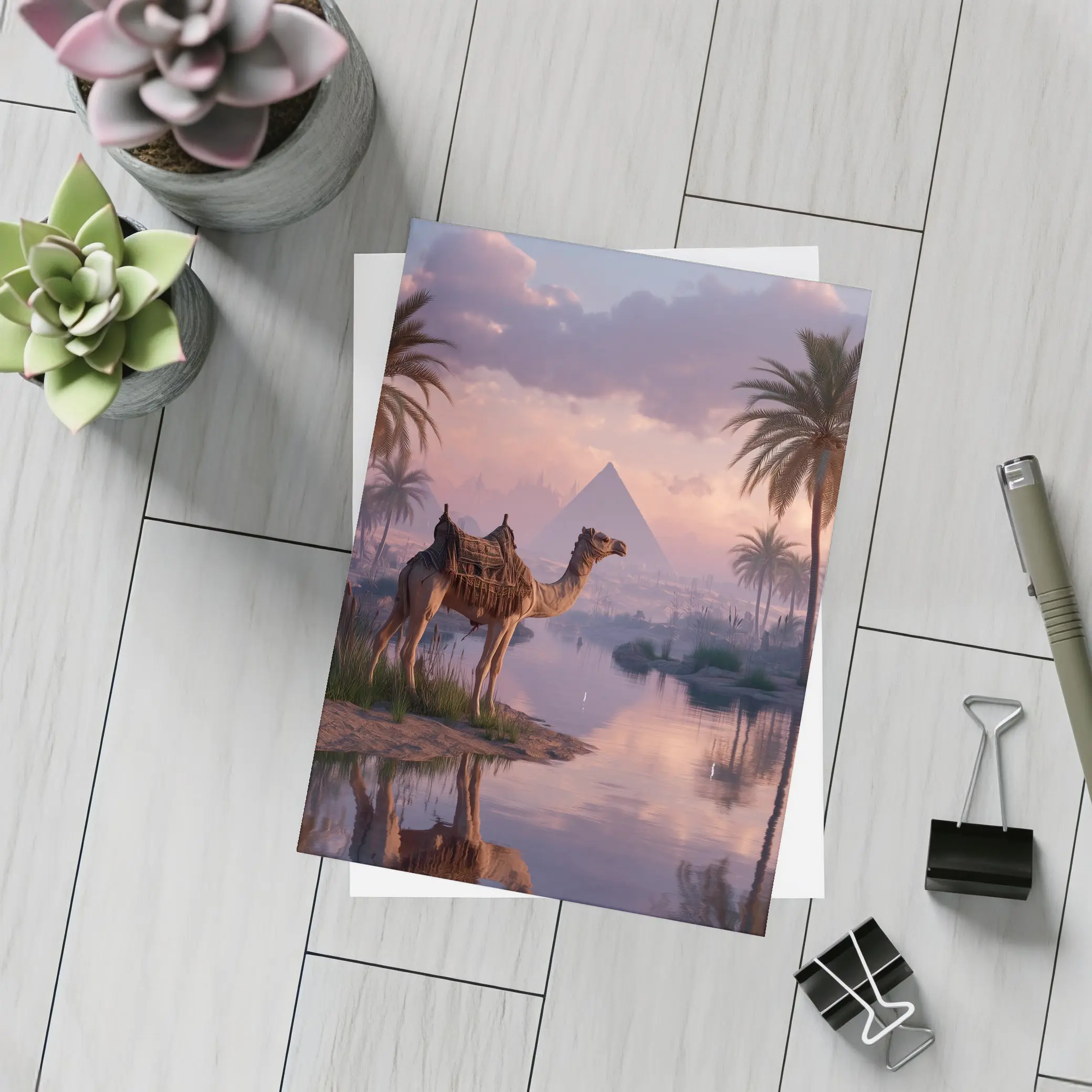 Camel by Nile River Egyptian Pyramids Sunset – Postcards