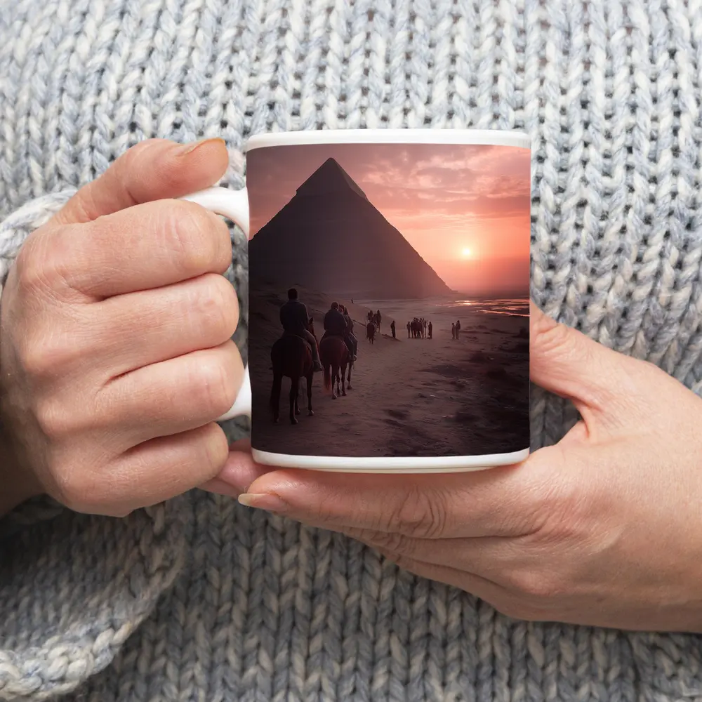 Horses Riding Past Giza Pyramid At Sunset – Mugs