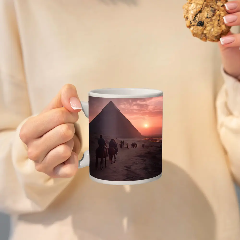 Horses Riding Past Giza Pyramid At Sunset – Mugs