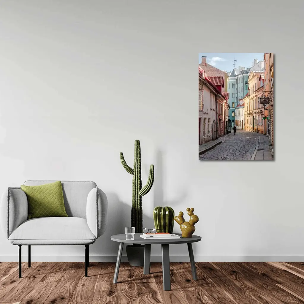Old Town Cobblestone Street Pastel Buildings – Wall Art