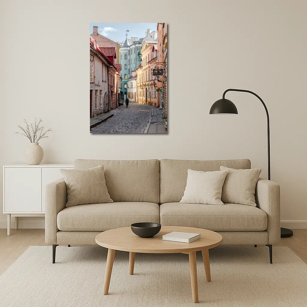 Old Town Cobblestone Street Pastel Buildings – Wall Art