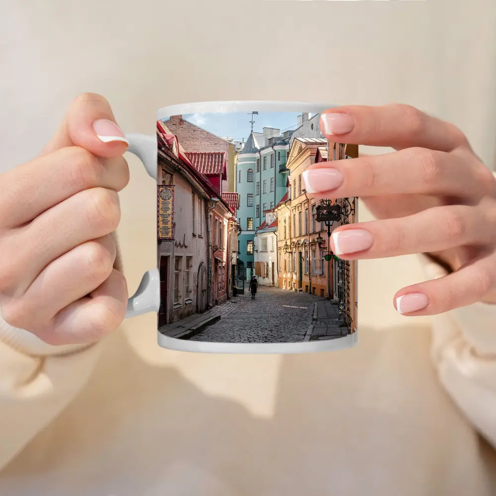 Old Town Cobblestone Street Pastel Buildings – Mugs