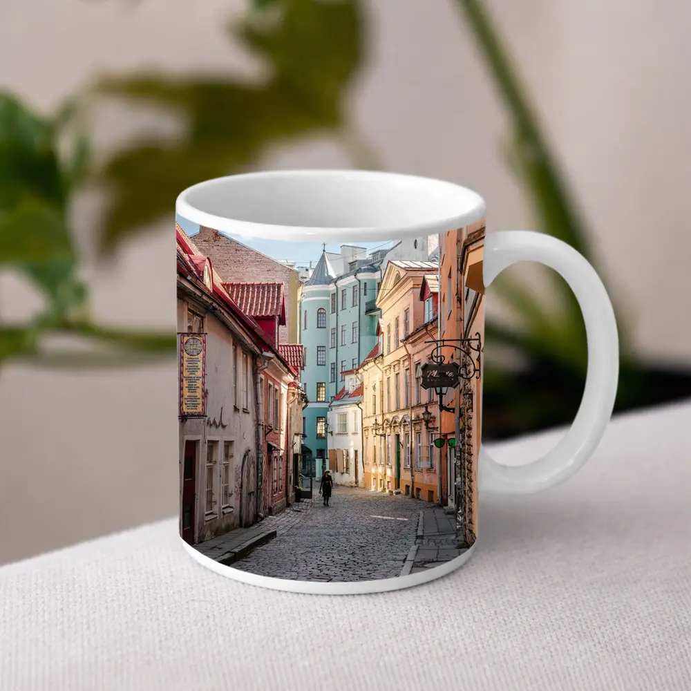 Old Town Cobblestone Street Pastel Buildings – Mugs