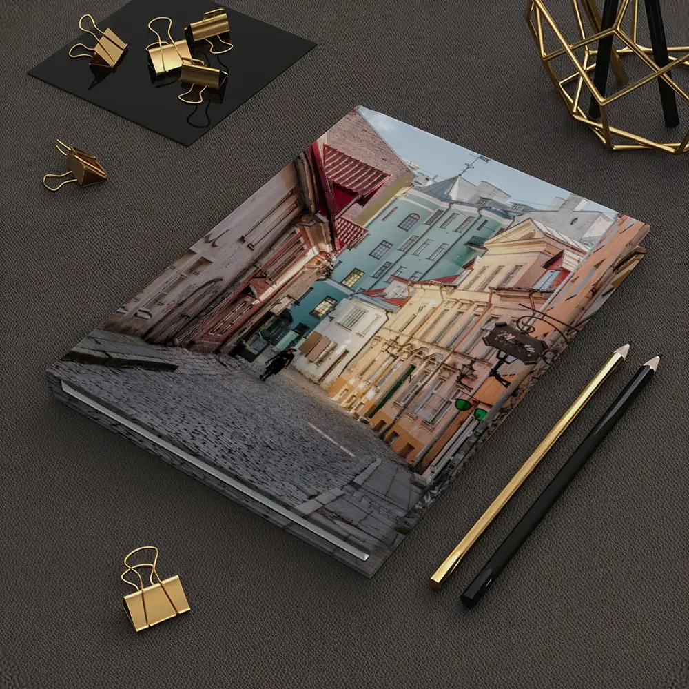 Old Town Cobblestone Street Pastel Buildings – Notebooks