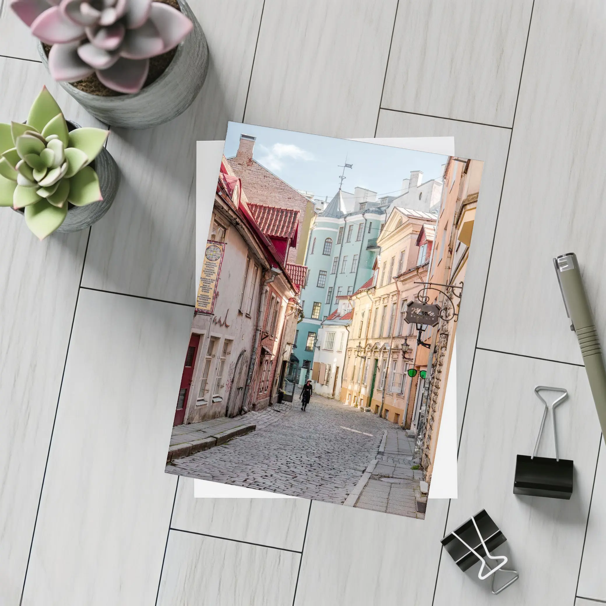 Old Town Cobblestone Street Pastel Buildings – Postcards