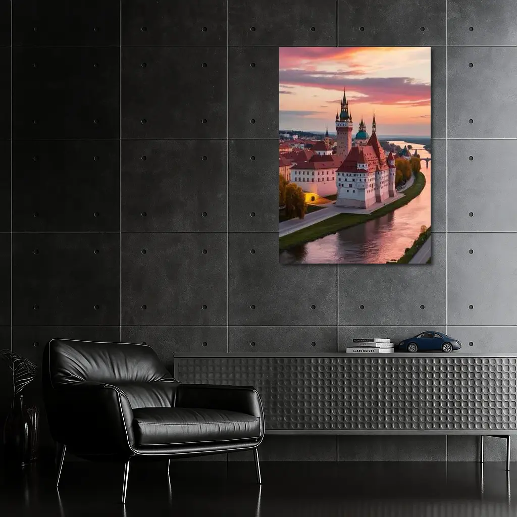 European Castle River Sunset Pink Sky – Wall Art