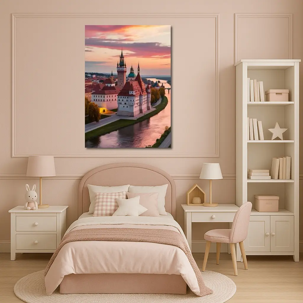 European Castle River Sunset Pink Sky – Wall Art